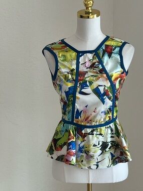 Parker Multi-Color Floral Peplum Tank with Blue Trim